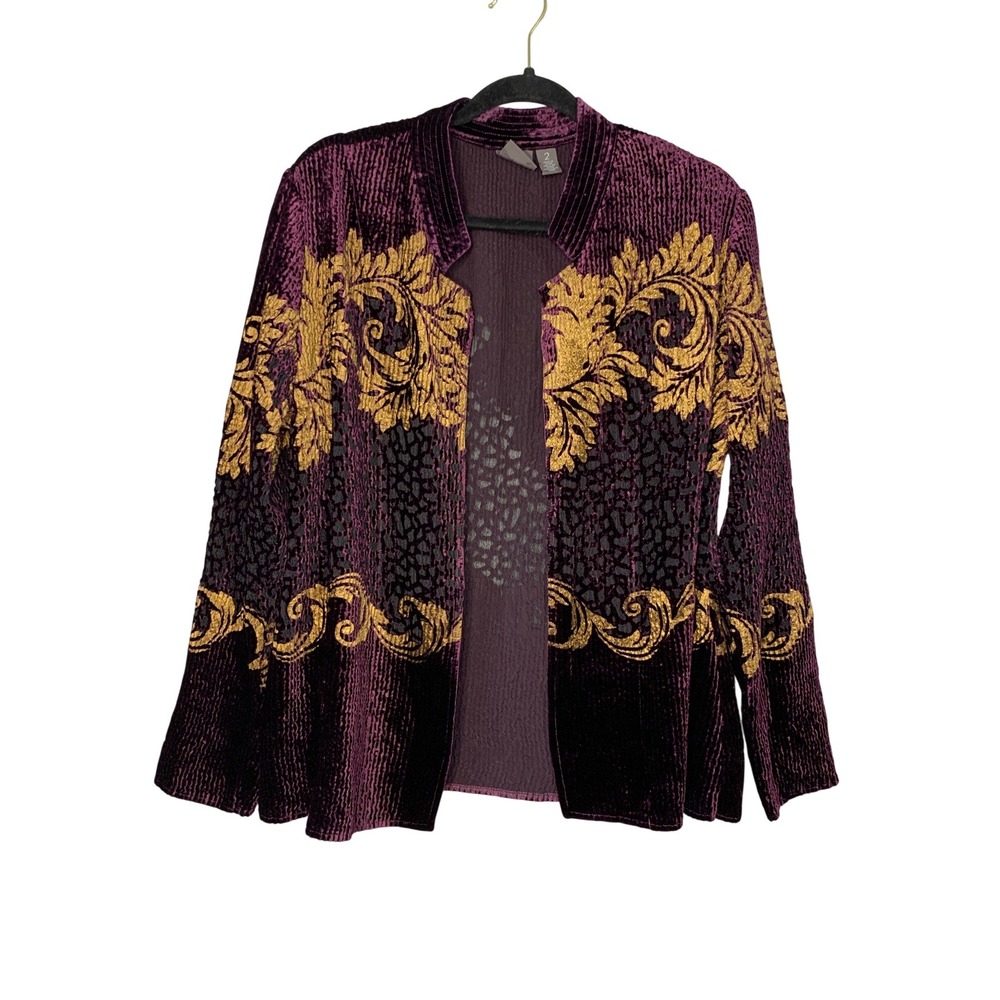 Chicos Velvet Burnout Floral‎ Open Front Blazer Jacket Size 2 (12) L Purple Gold